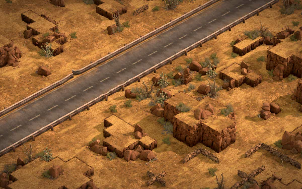 HD desktop wallpaper of a Xenonauts 2 game scene featuring a desert terrain with ruins and a road running through it.