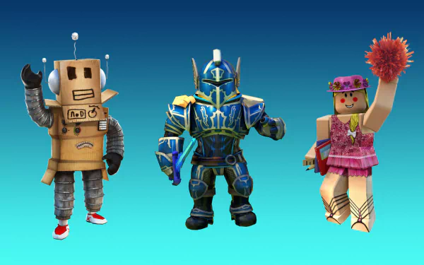 HD Roblox wallpaper featuring three characters: a cardboard robot, a knight in blue armor, and a character in a pink dress with a flower crown.