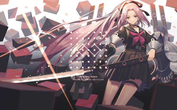 HD PC desktop wallpaper featuring a character from the video game Forever 7th Capital wielding a glowing sword amid floating geometric shapes.