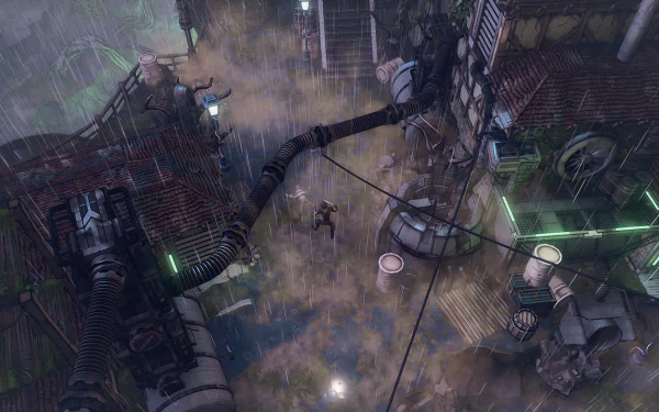 HD desktop wallpaper depicting a scene from Seven: The Days Long Gone with dystopian structures and a character in a desolate cityscape.