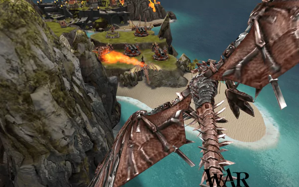 HD War Dragons desktop wallpaper featuring a dragon soaring over a coastal battlefield with fiery attacks.