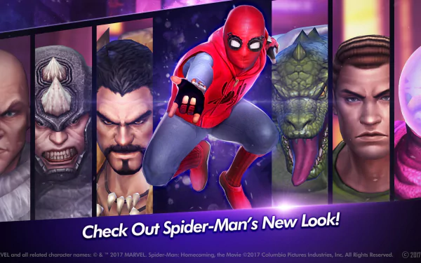 A dynamic HD wallpaper featuring Spider-Man in a new look, alongside characters like Rhino, from the Marvel: Future Fight video game.