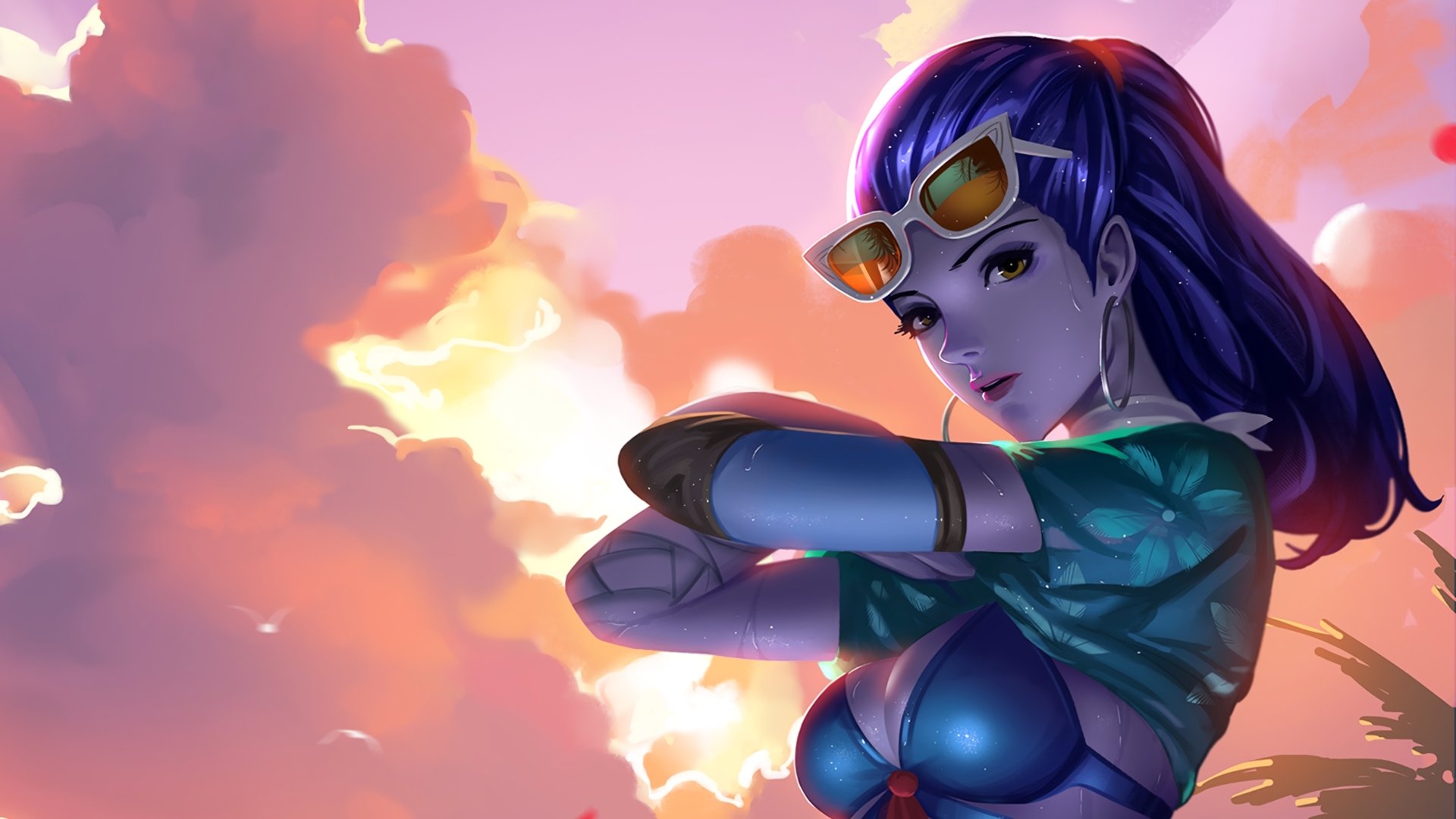 HD desktop wallpaper featuring Widowmaker from the video game Overwatch, with a vibrant sky and cloud background.