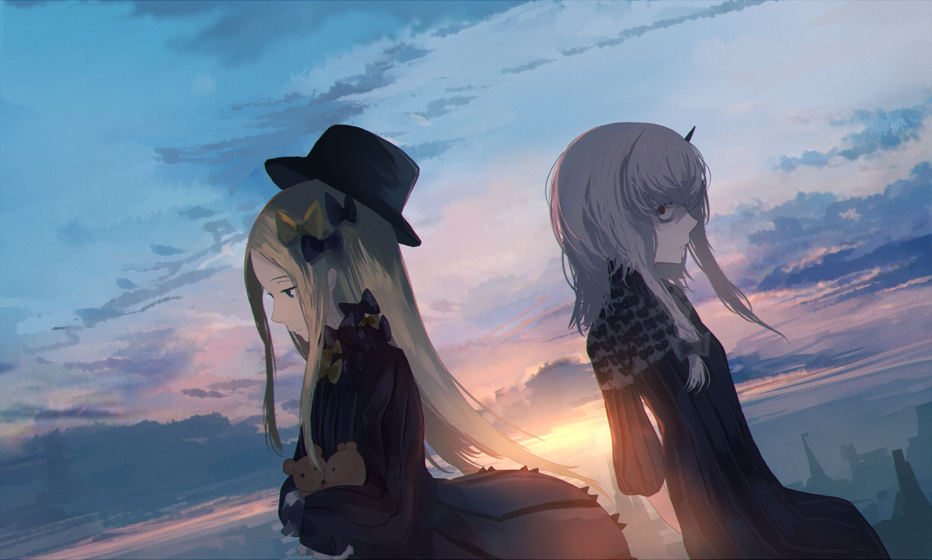 HD anime wallpaper featuring Abigail Williams and Lavinia Whateley from Fate/Grand Order standing back-to-back against a scenic sunset sky.