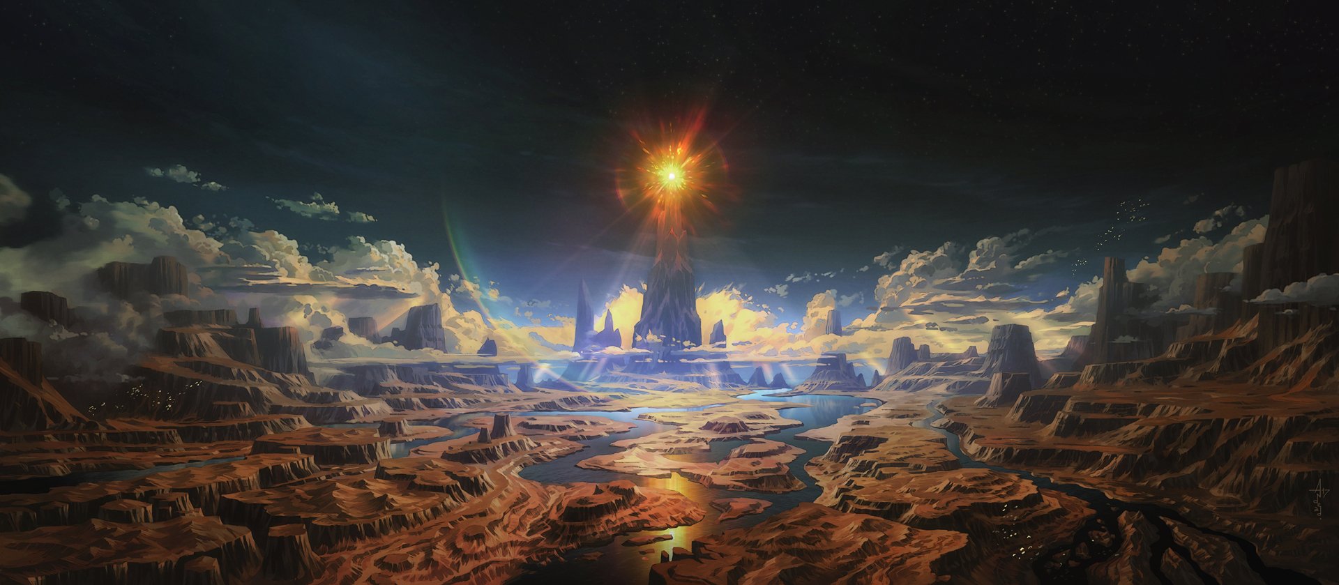 Fantasy landscape with mountains and clouds illuminated by a radiant beam of light, creating a mesmerizing HD desktop wallpaper and background.