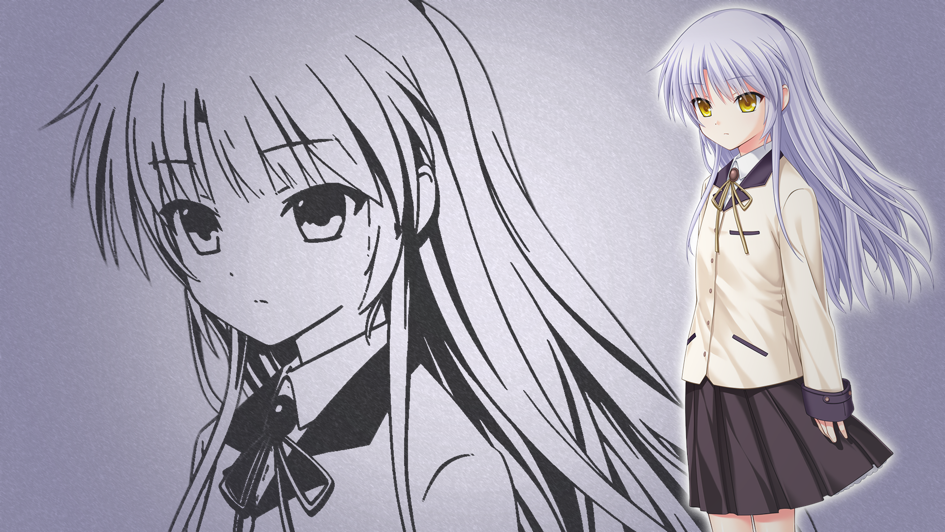 HD PC desktop wallpaper featuring a character from the anime Angel Beats!, showcasing a detailed colored illustration alongside a large monochrome sketch.