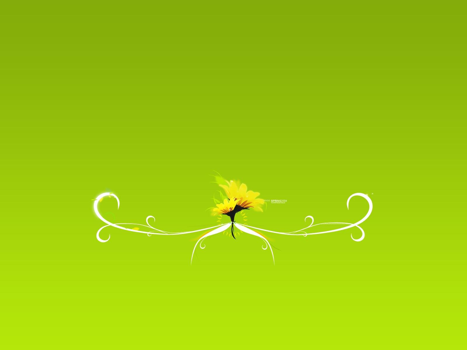 HD PC desktop wallpaper and background: minimalist green gradient with a single stylized yellow flower centered above decorative white swirls, an artistic nature-themed design.