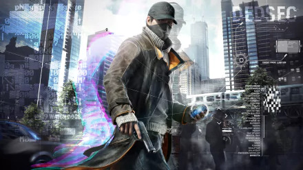 HD PC desktop wallpaper featuring Aiden Pearce, the protagonist from the video game Watch Dogs, set against a futuristic cityscape with digital effects.