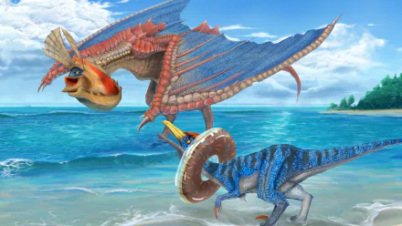 HD desktop wallpaper featuring Velocidrome and Yian Kut-Ku from Monster Hunter by the ocean, showcasing vibrant video game creatures in a dynamic coastal scene.