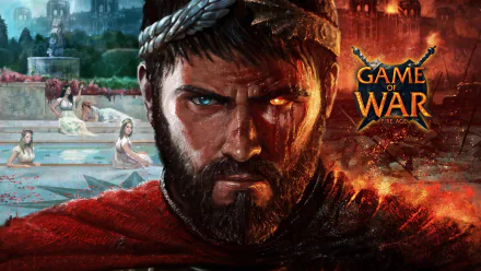 HD desktop wallpaper of Game of War - Fire Age featuring an intense warrior in the midst of battle.