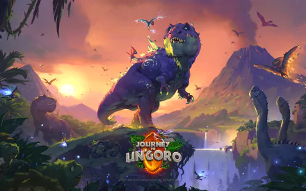 HD wallpaper featuring Hearthstone: Heroes of Warcraft's Journey to Un'Goro with a vibrant dinosaur in a mystical landscape.