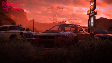 A Nissan Skyline GT-R V-Spec II from Need for Speed Payback parked near a gas station at sunset, featured in a 4K Ultra HD PC wallpaper background.