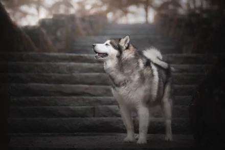 depth of field stairs dog Animal alaskan malamute HD Desktop Wallpaper | Background Image