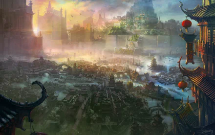 HD fantasy cityscape wallpaper featuring an oriental-inspired city with intricate buildings. The scene depicts a sprawling urban landscape, bathed in a mystical glow.