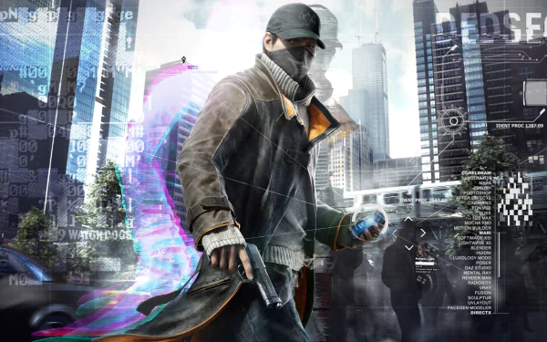 HD PC desktop wallpaper featuring Aiden Pearce, the protagonist from the video game Watch Dogs, set against a futuristic cityscape with digital effects.