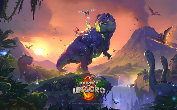 HD wallpaper featuring Hearthstone: Heroes of Warcraft's Journey to Un'Goro with a vibrant dinosaur in a mystical landscape.