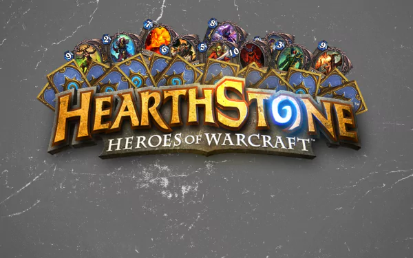 HD wallpaper featuring the Hearthstone: Heroes of Warcraft logo with iconic character symbols above.