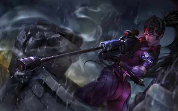 Widowmaker, the sniper from Overwatch, aims her rifle in a dark, atmospheric 4K Ultra HD video game wallpaper for PC desktop background.