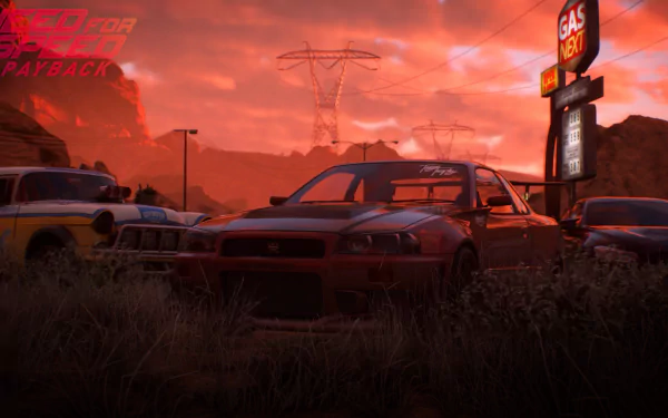 A Nissan Skyline GT-R V-Spec II from Need for Speed Payback parked near a gas station at sunset, featured in a 4K Ultra HD PC wallpaper background.