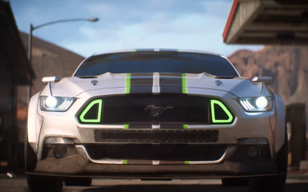 HD wallpaper featuring a Ford Mustang GT from the video game Need for Speed Payback, showcasing the car's front view with striking green accents and headlights, set in a dynamic outdoor scene.