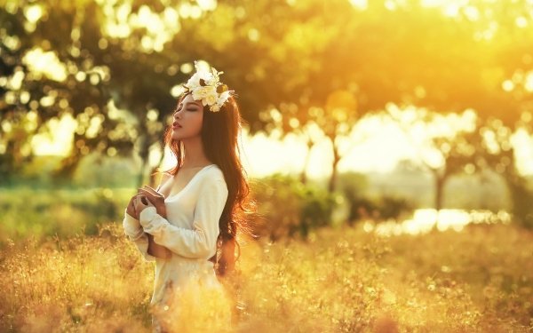 Women Asian Model Depth Of Field Long Hair White Dress Bokeh Sunny Wreath HD Wallpaper | Background Image