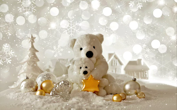 HD Christmas-themed wallpaper featuring white teddy bears, Christmas ornaments, and a snow-covered scene with a Christmas tree. The festive atmosphere is enhanced by sparkling snow and holiday decorations.