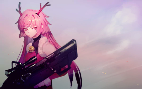 HD PC desktop wallpaper featuring NTW-20 from the video game Girls Frontline, showcasing the character with pink hair and antler-like accessories against a soft sky background.
