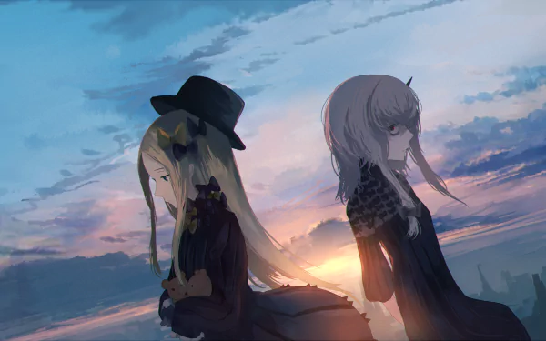 HD anime wallpaper featuring Abigail Williams and Lavinia Whateley from Fate/Grand Order standing back-to-back against a scenic sunset sky.