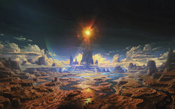 Fantasy landscape with mountains and clouds illuminated by a radiant beam of light, creating a mesmerizing HD desktop wallpaper and background.