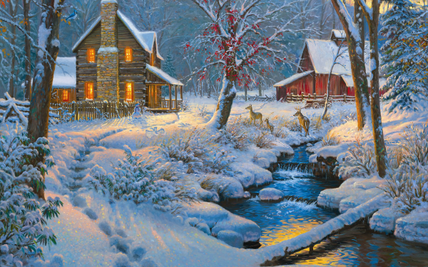 Artistic Painting Winter House River Snow HD Wallpaper | Background Image