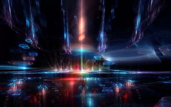 A vibrant digital art piece featuring dynamic light patterns and reflections, creating a captivating HD desktop wallpaper and background with a futuristic aesthetic.