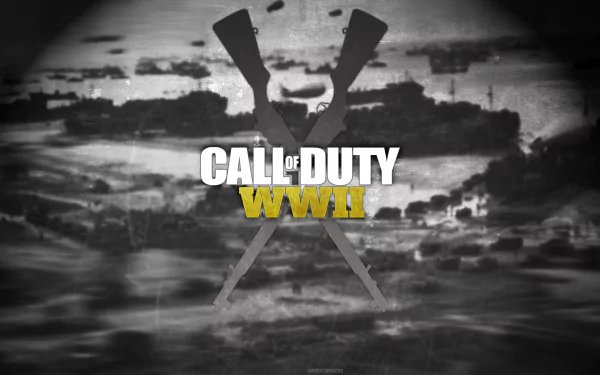 HD desktop wallpaper of Call of Duty: WWII video game. The image features the game's logo with two crossed rifles against a backdrop of a WWII battlefield scene.