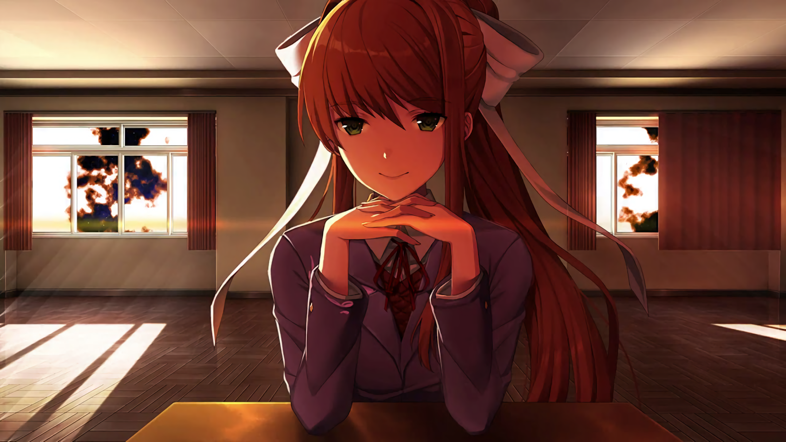 HD desktop wallpaper featuring Monika from Doki Doki Literature Club!, sitting at a table with a warm smile in a sunlit room.