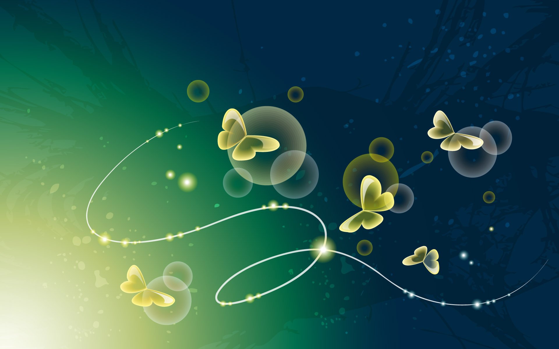Artistic HD PC desktop wallpaper featuring glowing abstract butterflies and swirling light trails against a gradient blue-green background.