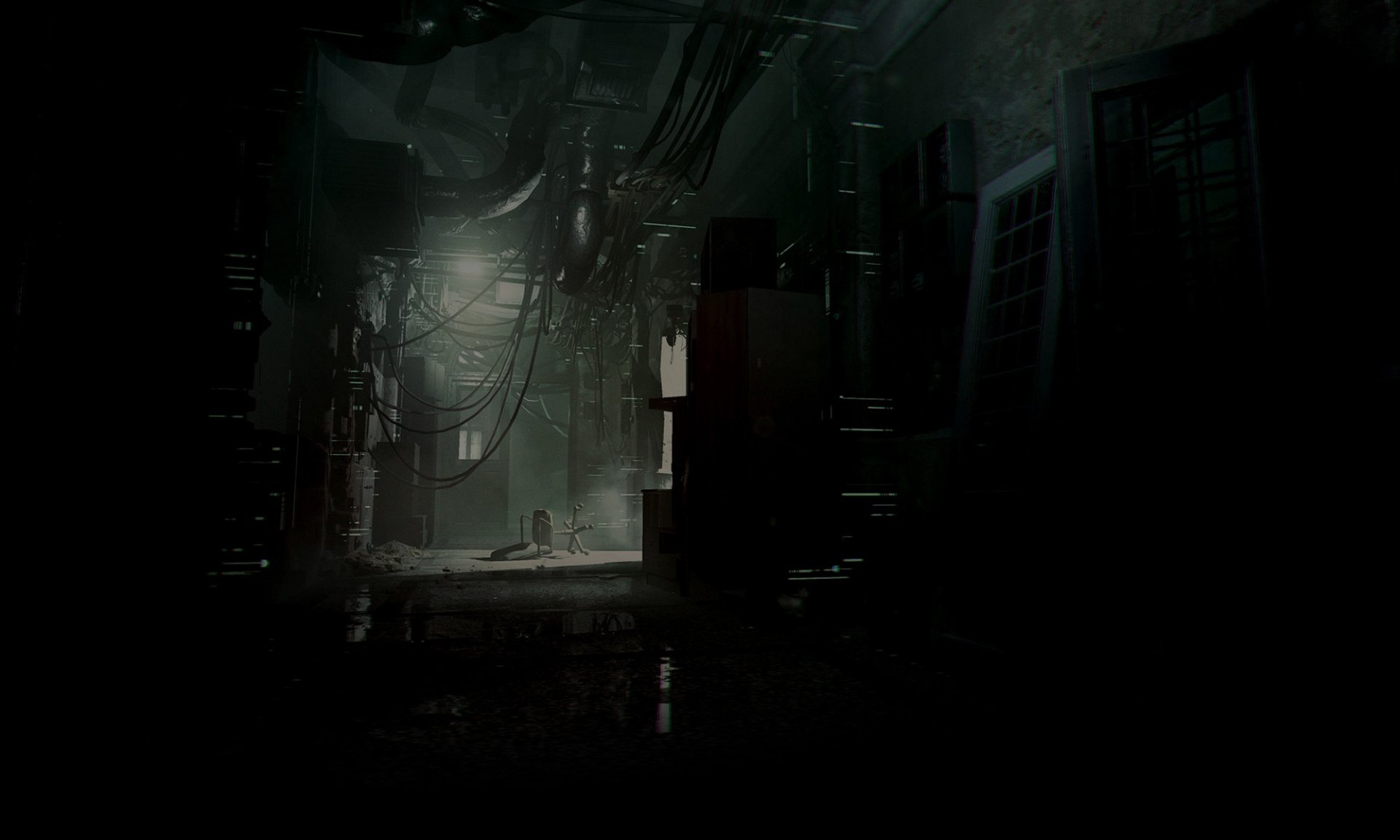 A haunting HD desktop wallpaper from the video game Observer, featuring a dimly lit corridor filled with wires and shadowy corners, creating an eerie atmosphere.