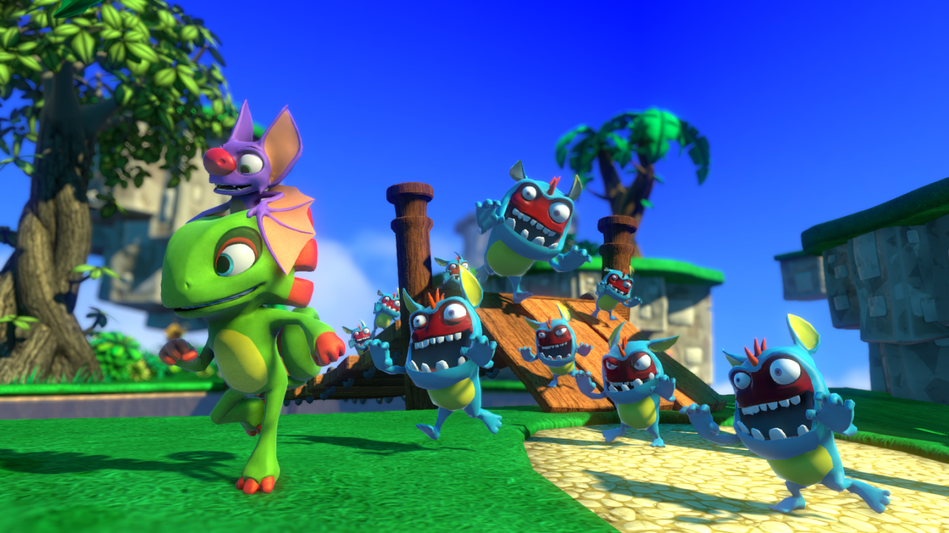 HD desktop wallpaper of Yooka-Laylee featuring characters on a vibrant adventure landscape.
