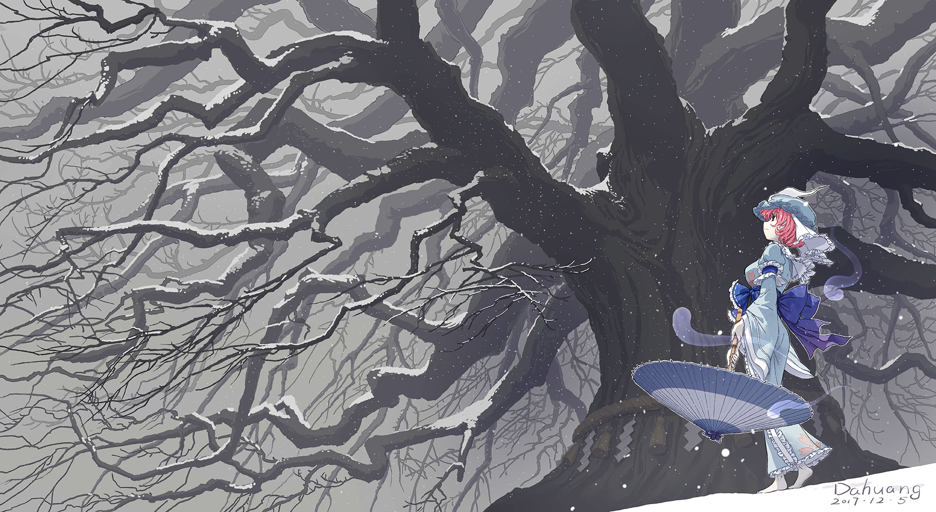 HD PC desktop wallpaper featuring Yuyuko Saigyouji from the anime Touhou, standing gracefully by a large, twisted tree with gray, eerie branches.