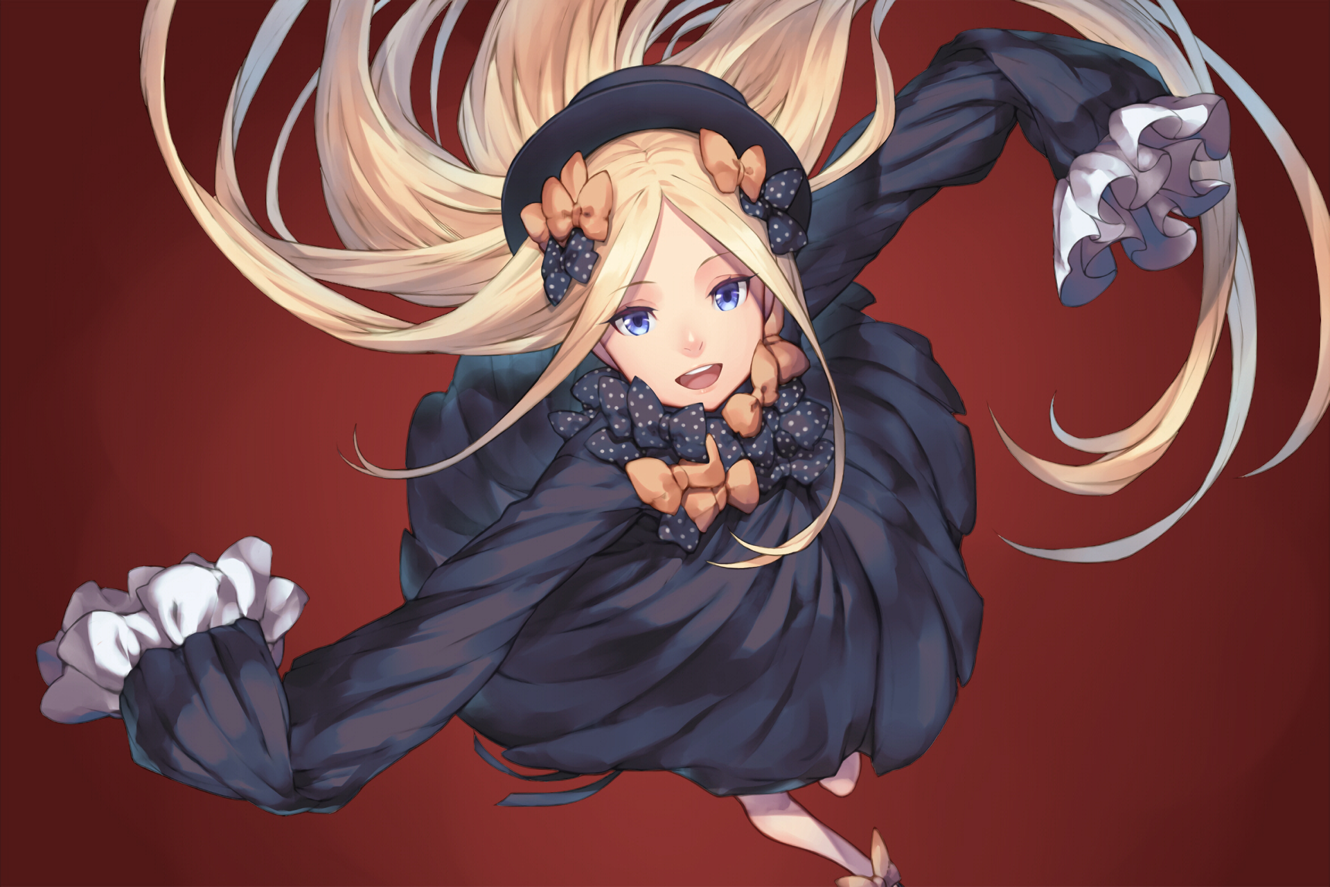 HD PC desktop wallpaper featuring Abigail Williams from the anime Fate/Grand Order, showcasing her dynamic pose and detailed character design on a bold red background.