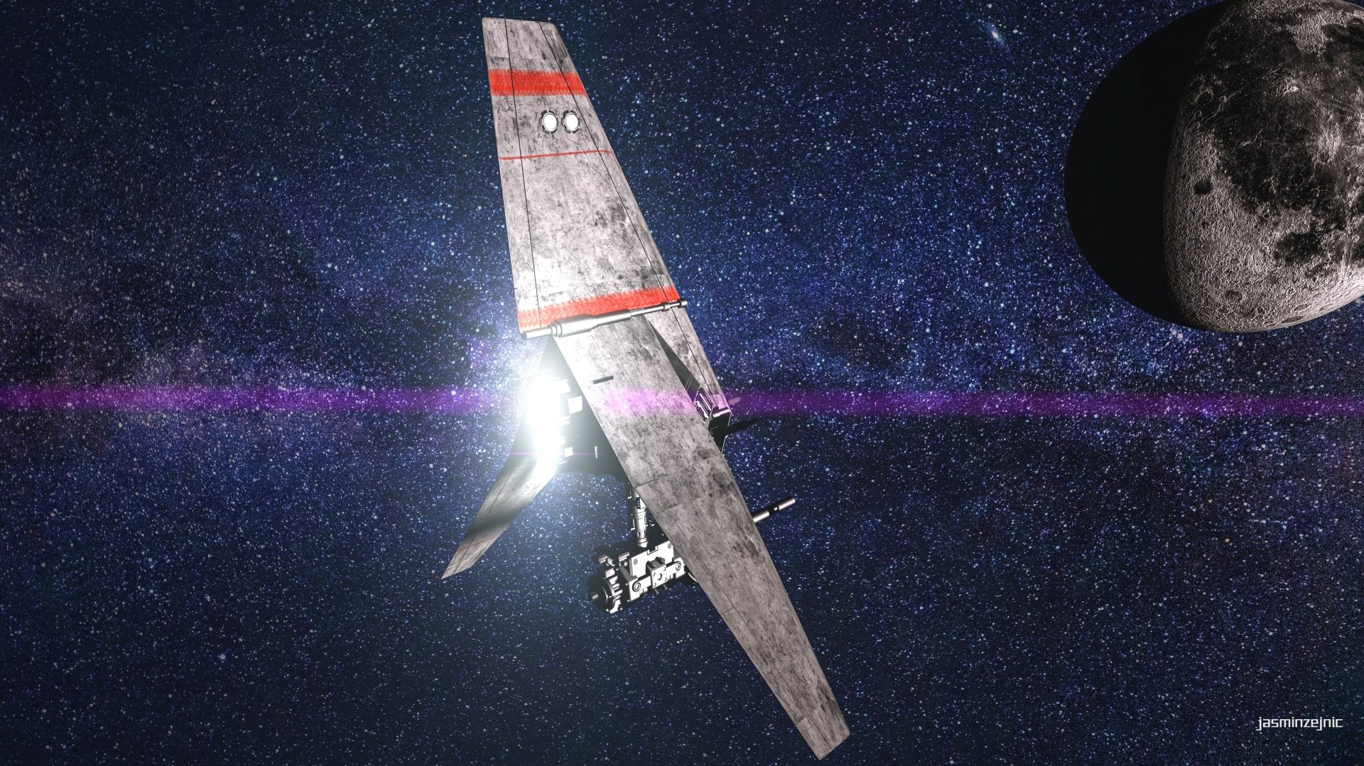 3D CGI of a T-16 Skyhopper spaceship soaring in space near a moon, with a starry sci-fi backdrop, rendered in 4K Ultra HD for a PC desktop wallpaper.