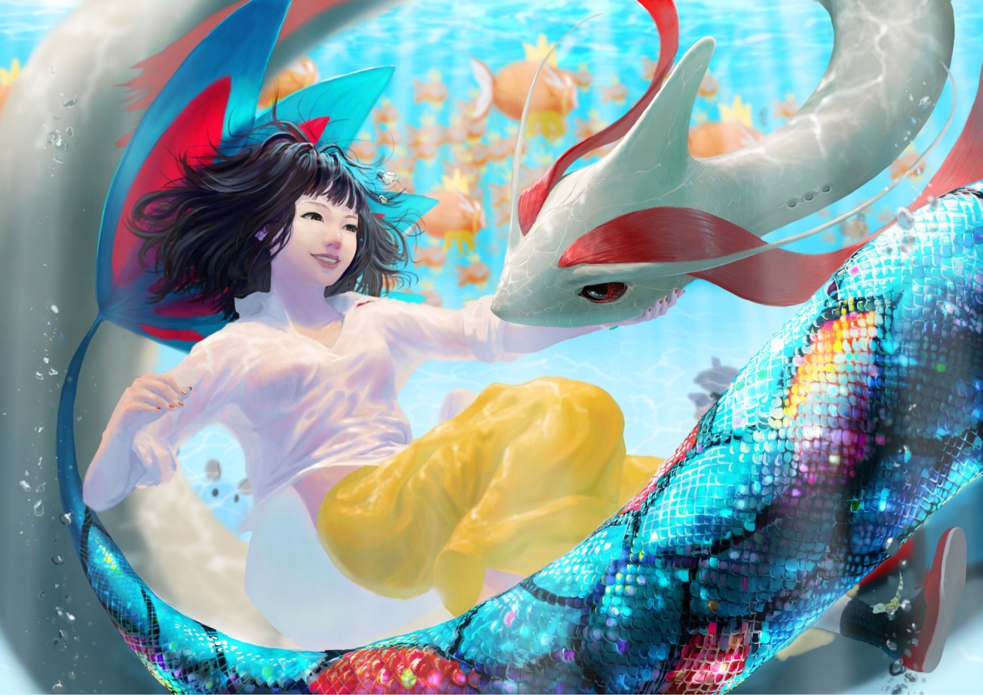 Anime-style underwater scene featuring a smiling girl with black hair surrounded by Milotic and Magikarp Pokémon in vibrant, detailed HD desktop wallpaper.