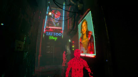 HD desktop wallpaper of an observer silhouette against neon-lit tattoo shop signage, exuding a cyberpunk vibe.
