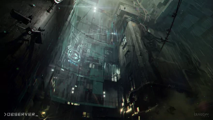 HD desktop wallpaper depicting a futuristic, cyberpunk cityscape with the word OBSERVER displayed prominently.