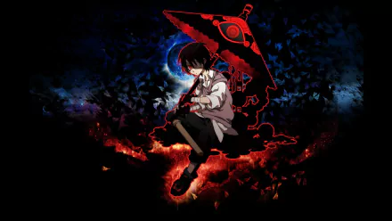 Anime original HD PC desktop wallpaper/background: solitary dark-haired student in a white shirt sits clutching a red umbrella, red glowing silhouette amid embers and a shattered blue-black sky.