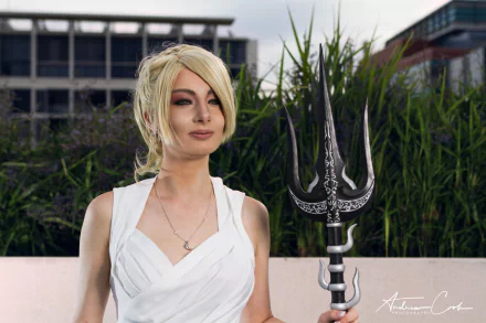 HD PC desktop wallpaper of a woman in Final Fantasy cosplay: blonde in a white dress holding an ornate trident against an urban greenery backdrop.