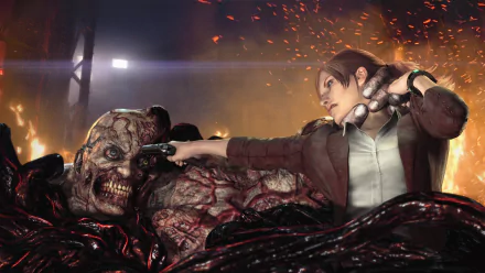 HD wallpaper from Resident Evil: Revelations 2 featuring a character holding a gun to a monster's head amidst fiery embers.