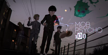HD desktop wallpaper featuring characters from the anime Mob Psycho 100, showcasing a dramatic night scene with mysterious elements and a glowing spirit in the background.