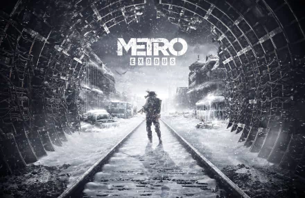 A HD desktop wallpaper featuring a post-apocalyptic scene from the video game Metro Exodus, with a lone figure walking on snowy train tracks through a damaged tunnel.