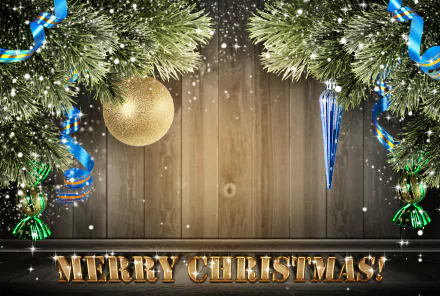 4K Ultra HD Christmas wallpaper featuring festive green pine branches, gold and blue ornaments, blue ribbons, and Merry Christmas text on a wooden background.