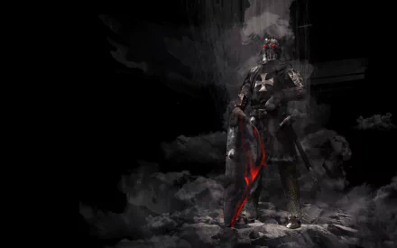 4K Ultra HD fantasy PC wallpaper featuring a knight in dark armor wielding a glowing sword and shield, standing amidst swirling shadows and a dramatic smoky backdrop.