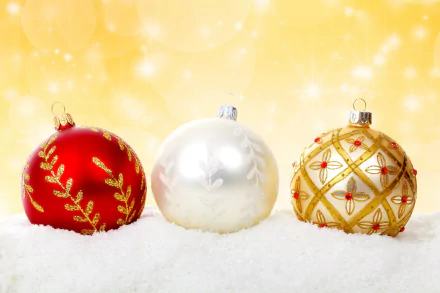 HD desktop wallpaper featuring three Christmas ornaments — a red, white, and gold bauble — resting on snow with a glowing golden holiday background.
